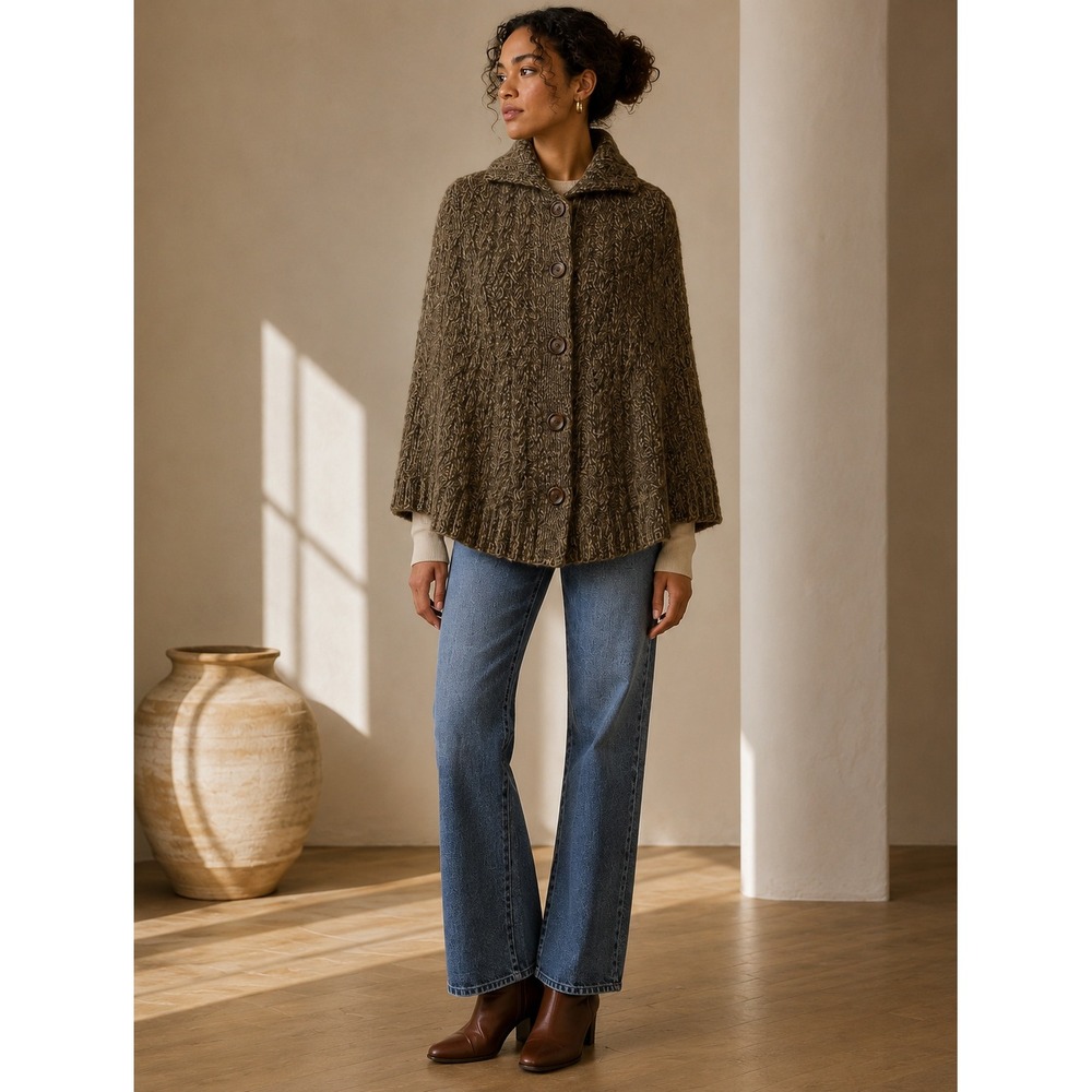 Ralph Lauren Hand Knit Wool Cashmere Cape Brown Cable Knit Button Front Poncho M